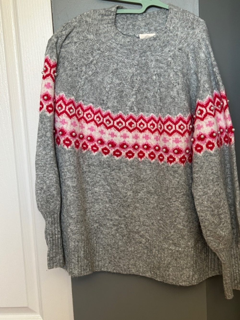 St. John's Bay Gray Crewneck Sweater with Pink & Red Fair Isle Yoke